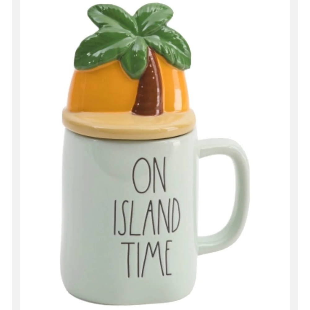 Rae Dunn On Island Time Coffee Mug with Lid Palm Tree Tropical